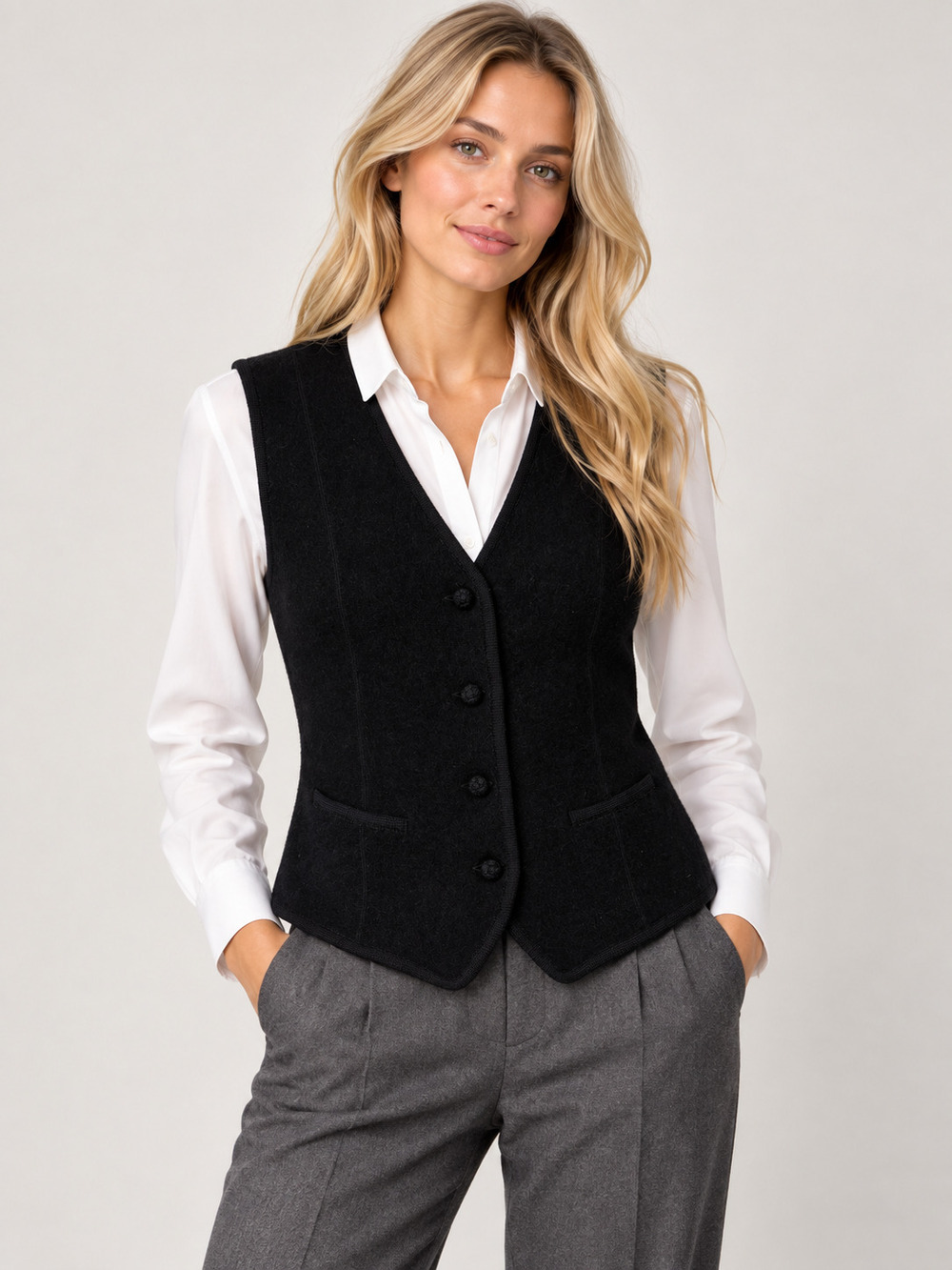 Lands' End Wool Vest Black Button Front Petite 10P #A4860